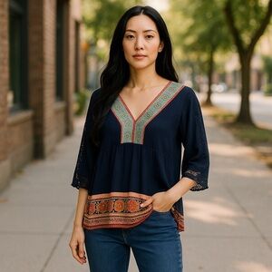 Anthropologie Lulumari Boho Rayon Blouse Medium Blue